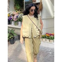 Women's Fashion Fall Cropped Tank Top Sleeveless Ruched Hem Zipper Patch Pocket Jacket Loose All Match Chic Top Coat