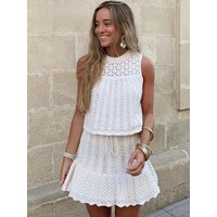 2025 Summer Fashion Women Beige Knit Sleeveless Sweater Crew Neck Hollow Out Tops+Sexy Frenulum Mini Skirt Suit Streetwear
