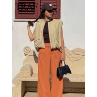 Women's Fashion Fall Cropped Tank Top Sleeveless Ruched Hem Zipper Patch Pocket Jacket Loose All Match Chic Top Coat