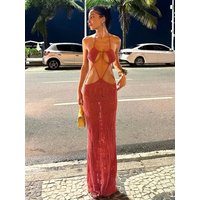 Knitted Crochet Maxi Dress Halter Backless 2025 Summer Women Outfits Casual Elegant Birthday Evening Party Clubwear