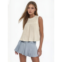 2025 Summer Fashion Women Beige Knit Sleeveless Sweater Crew Neck Hollow Out Tops+Sexy Frenulum Mini Skirt Suit Streetwear