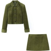 Women Elegant Single-Breasted Lapel Button Long Sleeve Corduroy Coat+High Waist Zipper Mini Skirts Solid 2 Piece Set