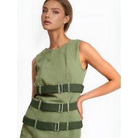  2025 Women's Fashion Street Dress Sleeveless Round Neck Army Green Belt Decoration Slim Cargo Sundress Vintage Trendy Dress