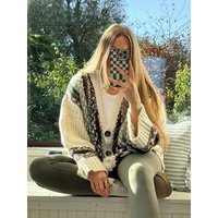 Autumn Female Elegant Soft Single-breasted Cardigan Women's V-Neck Long Sleeve Jacquard Print Loose Knitted Jacket Mujer