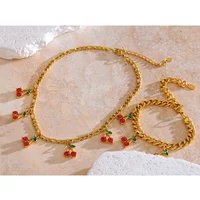 Hot Style Stainless Steel Cubic Zirconia Cherry Drop Chain Necklace Bracelet Bangle 18K Gold Color Plated Delicate Jewelry