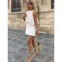 2025 Summer Fashion Women Beige Knit Sleeveless Sweater Crew Neck Hollow Out Tops+Sexy Frenulum Mini Skirt Suit Streetwear