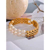 Luxury Natural Pearls Cuban Chain 316L Stainless Steel Bracelet Bangle High Quality Women Gold Color Premium Jewelry Gift