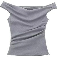 Ruched Grey Crop Top Women Off Shoulder Youth Blouses Woman Sleeveless Pleated Cropped Blouse Female Striped Bodycon Top