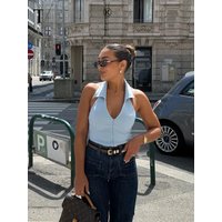 2025 Woman Zipper Decorate Solid Slim Top Summer Women Chic Sexy V-Neck Sleeveless Backless Suspender Top Streetwear