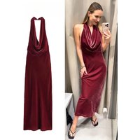 Woman Summer Red Velvet Long Evening Party Dresses Women Fashion Sleeveless Backless Halter Neck Sexy Ruched Midi Dress