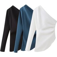 2025 Autumn Fashion All-match Slim White Blusa Women Oblique Asymmetrical One Shoulder Collar Single-sleeve Pleated Shirt