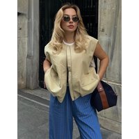 Women's Fashion Fall Cropped Tank Top Sleeveless Ruched Hem Zipper Patch Pocket Jacket Loose All Match Chic Top Coat