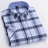 100% Cotton Breathable Men Oxford Short Sleeve Summer Plaid Shirts Striped Male Clothes Business Regular Fit Oversized 43 gray