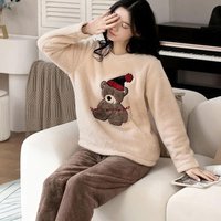 Thickened Warm Large Size Padded Fall and Winter Women's Pajamas Top and Pants Set Coral Velvet Ladies Cartoon Bear 2PCS/Set L(50-60kg) khaki
