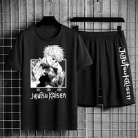 Jujutsu Kaisen T-shirt Set Casual Shorts Anime Print Men's Sets Tracksuit Sweatpants Sportswear Man Summer Fashion Clothing XL black