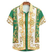 Summer Fashion Men's Short Sleeve Casual Shirts Luxury Style Gold Printed Tops Everyday Casual Wear Men's Shirts Oversized Tops XL beige
