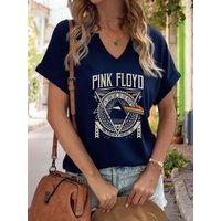 Women's V-Neck Pink Floyd Dark Side of The Moon Graphic Tee, Retro Rock Band Print T-Shirt, Casual Short Sleeve Top 4XL brown