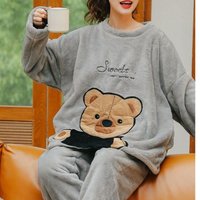 Thickened Warm Large Size Padded Fall and Winter Women's Pajamas Top and Pants Set Coral Velvet Ladies Cartoon Bear 2PCS/Set XL(60-70kg) gray