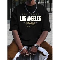 Cotton Summer Men's 100% Cotton Comfortable Casual Loose Plus Size LOS ANGELES Printed Sports Round Neck Short Sleeved T-shirt Top XXL gray