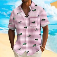 Kentucky Derby Men's Striped Horse Racing Shirt Summer Shirt Button Up Shirt Short Sleeve 3XL gray