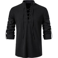 New Men's Casual Blouse Cotton Linen Shirt Tops Long Sleeve Tee Shirt Spring Autumn Slanted Placket Vintage Yoga Shirts L black