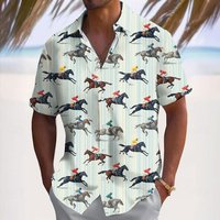 Kentucky Derby Men's Striped Horse Racing Shirt Summer Shirt Button Up Shirt Short Sleeve L gray