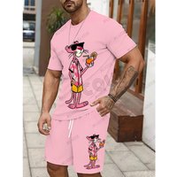 2025 New Men's Tracksuit Sets Pink Panther Short Sleeve T-Shirt Suit Casual Suit Sports Streetwear Shorts 2 Piece Male Clothes 5XL gray