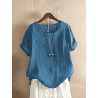 Elegant Cotton Button-Up Shirt for Women - Solid Color, Perfect for Spring/Fall L blue