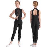 Girls Rhinestone Mesh Jumpsuit Mock Neck Sleeveless Cutout Back Bodysuit for Figure Skating Gymnastics Performance 15-16 Years black
