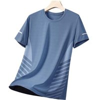Summer Men Top Ice Silk Quick-drying Mesh Short Sleeves Plus Size O Neck Loose Contrast Color Thin Elastic Casual Pullover Daily Sport T-shirt 5XL blue