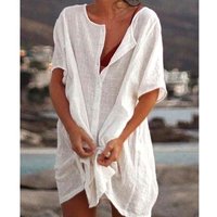 Plus Size Casual Beach Wear Dress with Short Sleeves and Button Closure 8XL white