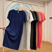 Plus Size Short Sleeve Casual Dress Women's Summer Loose Solid Colour Medium Long Knee Split T-shirt Dresses 4XL dark blue