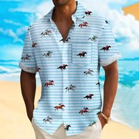 Kentucky Derby Men's Striped Horse Racing Shirt Summer Shirt Button Up Shirt Short Sleeve L gray