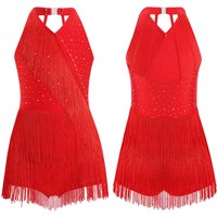Kids Girls Latin Leotard Dress Dance Costume Rhinestones Fringe Bodysuit Skirted Dress Halter V-neck Sleeveless Tassel Jumpsuit 15-16 Years red