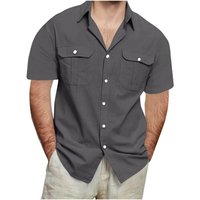 Summer Men's Short Sleeve Double Pocket Shirts Solid Color Loose Casual Shirt Men 4XL dark grey