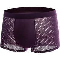 Men Summer Underwear Mid-rise Wide Elastic Waistband Boxer Briefs U-convex Thin Ice Silk Mesh Shorts Panties Underpants XXL wine red