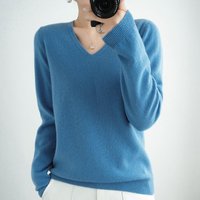 Women's Cozy Knitted Pullover Cashmere Sweater V Neck Fuzzy Slim Fit Sweater XXXL blue