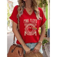 Women's V-Neck Pink Floyd Dark Side of The Moon Graphic Tee, Retro Rock Band Print T-Shirt, Casual Short Sleeve Top 6XL red