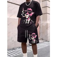 2025 New Men's Tracksuit Sets Pink Panther Short Sleeve T-Shirt Suit Casual Suit Sports Streetwear Shorts 2 Piece Male Clothes M gray