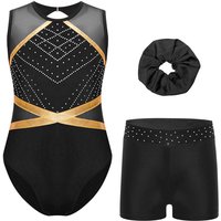 Kids Girls Sleeveless Sparkly Gymnastics Leotard Active Dance Unitard Biketard with Tumbling Shorts Hair Band Set 15-16 Years black