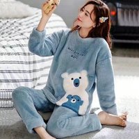 Thickened Warm Large Size Padded Fall and Winter Women's Pajamas Top and Pants Set Coral Velvet Ladies Cartoon Bear 2PCS/Set L(50-60kg) blue