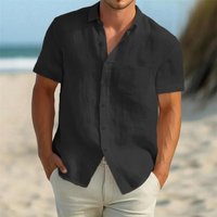 Lightweight Summer Linen Blend Short Sleeve Shirt for Men - Breathable Button Down Chest Pocket Casual Vacation Tops in Solid Colors XXXL black