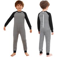 Kids Special Needs Adaptive Jumpsuit Boys Girls, Anti-Strip Back Zipper Long Sleeve Full Length, Stripes Color Block Clothing 11-12 Years black
