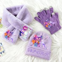 3pcs/set KPop Demon Hunters Children Knitted Hat Gloves Scarf Set Cute Girls Winter Accessories Knit Cap Scarfs Christmas Gifts gray