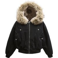 Autumn and Winter Women's Jackets Fur Collar Parkas Coat Vintage Thicken Fleece Warm Jackets Streetwear Harajuku Hip Hop Padded Jackets Outwear XS black