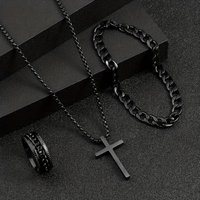 3pcs Set Men's Fashion Alloy Jewelry Cross Pendant Chain Necklace Bracelet Ring Jewelry Set Male Hip Hop Daily Wear Accessories black