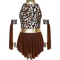 Girls Prehistoric Style Costume Leopard Print Patchwork Metallic Gloss Mock Neck Mesh Dress Oversleeves Cave Girl Outfit 15-16 Years brown