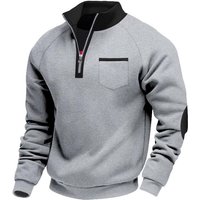 Men's Heavyweight Fleece-Lined Thermal Zip-Up Stand Collar Personalised Patchwork Stylish Casual Long-Sleeved Sweatshirt XXXL light gray