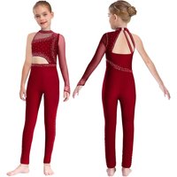 Girls One Shoulder Gymnastics Jumpsuit Sheer Mesh Sparkly Rhinestones Full Body Leotard Ballet Figure Skating Unitard Costumes 15-16 Years red