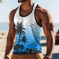 Men's Palm Tree Sunset Beach Hut Tropical Seagull Graphic Tank Top Vest Sleeveless Shirt XL gray